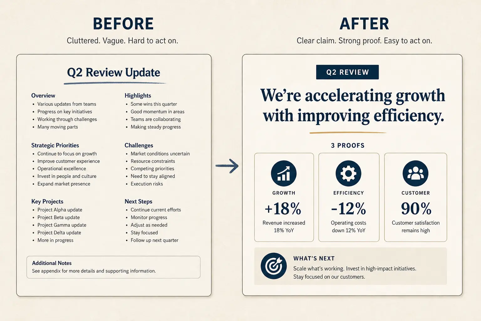 Investor update scorecard layout with narrative deltas